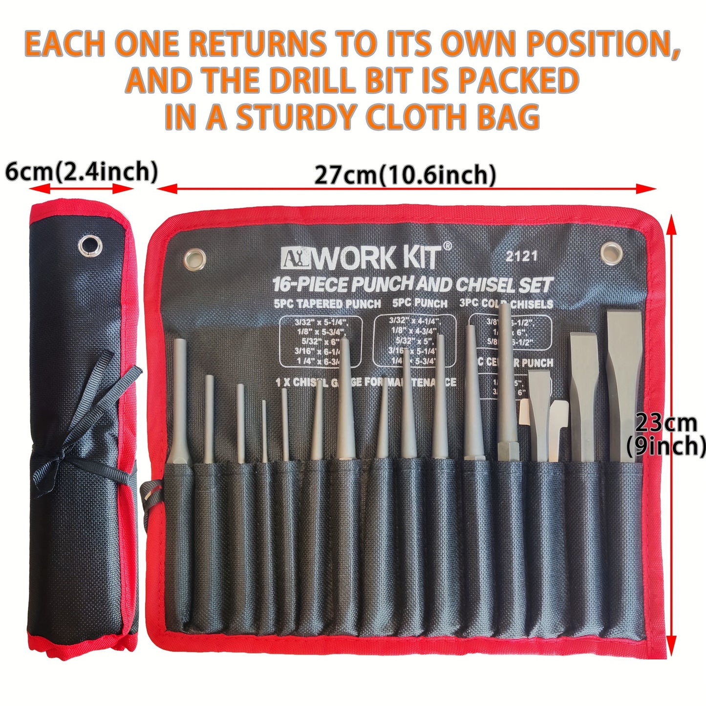 ALWORKKIT 16pcs Metal Punch And Chisel Set, Durable Cr-V Steel, Non-Electric Utility Tool Kit with Taper Punch, Cold Chisels, Pin & Center Punches, Fabric Storage Case - Ideal Gift for Craftsmen