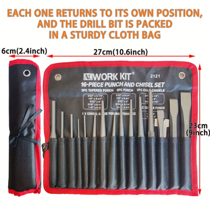 ALWORKKIT 16pcs Metal Punch And Chisel Set, Durable Cr-V Steel, Non-Electric Utility Tool Kit with Taper Punch, Cold Chisels, Pin & Center Punches, Fabric Storage Case - Ideal Gift for Craftsmen