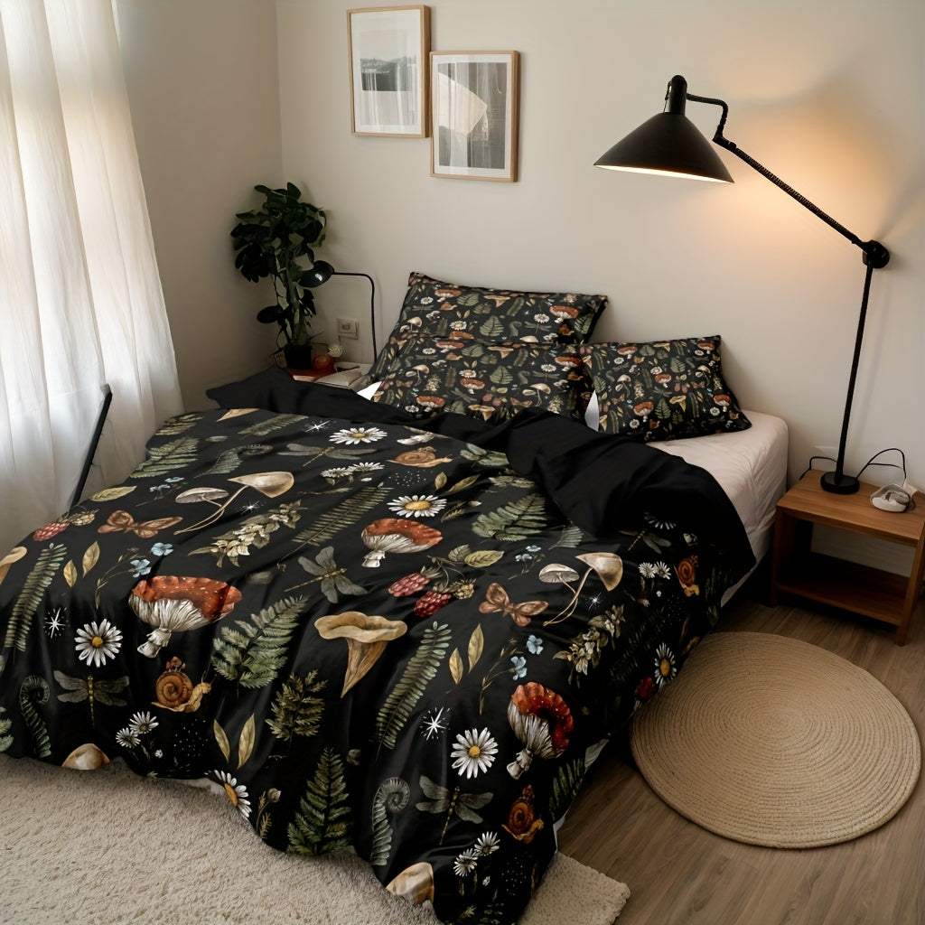 A Bedding And Quilt Cover Set Featuring a 3pcs Design with a Forest Mushroom Pattern Made of Polyester, Ideal for Bedrooms And Guest Accommodations. The Quilt Cover Is Soft And Cozy