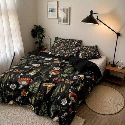 A Bedding And Quilt Cover Set Featuring a 3pcs Design with a Forest Mushroom Pattern Made of Polyester, Ideal for Bedrooms And Guest Accommodations. The Quilt Cover Is Soft And Cozy