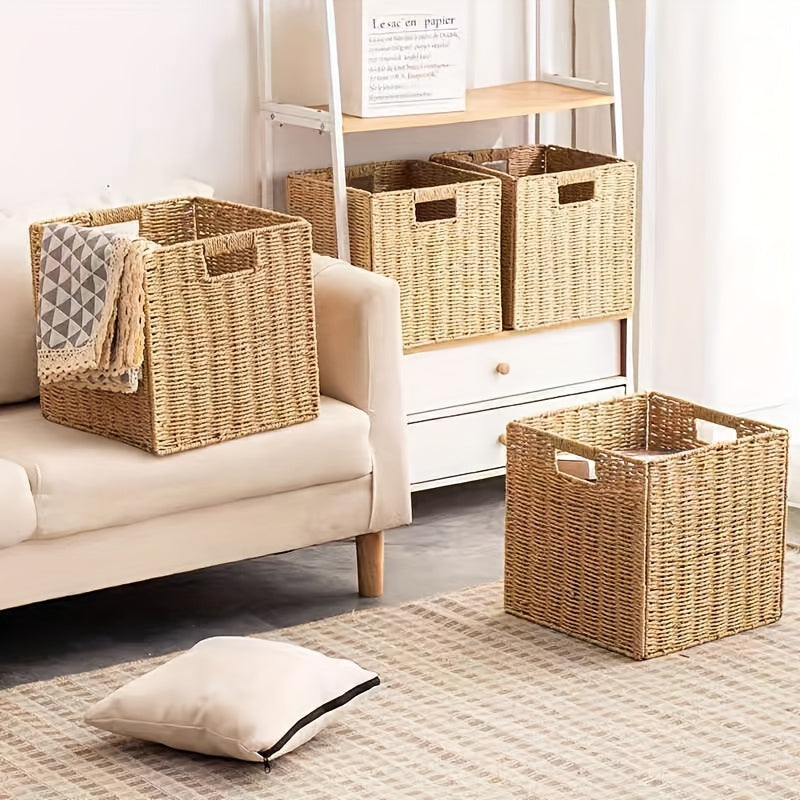 Natural Rattan Storage Basket, Foldable Square Natural Rattan Storage Basket Frame, Square Natural Rattan Storage Basket for Bedroom And Living Room, Laundry Baskets