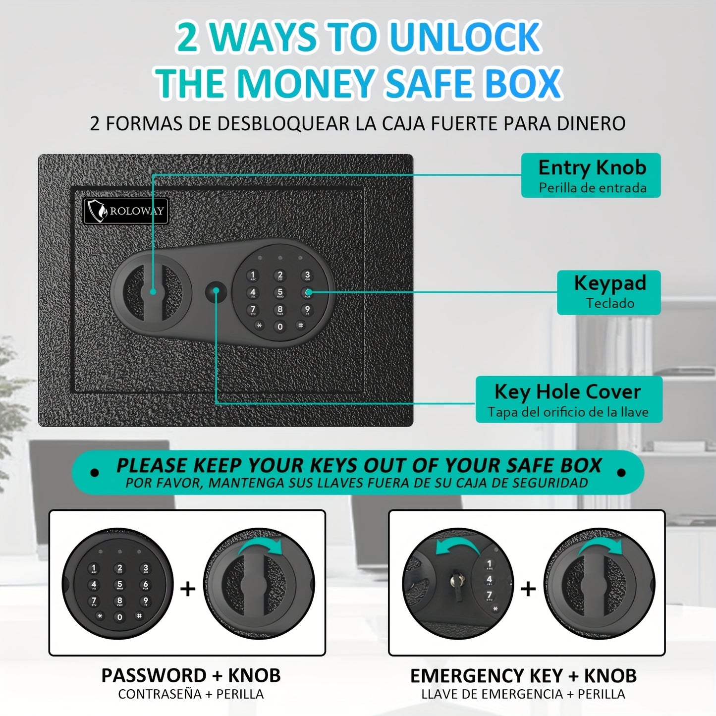 ROLOWAY Safe Box with Keys | Includes Heat-Resistant Fireproof Bag |Secure Home & Office Storage Solution (Black)Christmas Gifts, Boyfriend's Gift