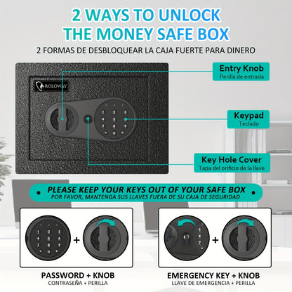 ROLOWAY Safe Box with Keys | Includes Heat-Resistant Fireproof Bag |Secure Home & Office Storage Solution (Black)Christmas Gifts, Boyfriend's Gift