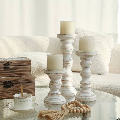 Farmhouse Wood Pillar Candle Holder Set of 3 for Candlestick