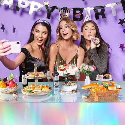 Ten Sets of Holographic Table Covers in Rainbow Colors - Single-Use Aluminum Foil Table Covers Suitable for Weddings, Bridal Showers, Birthday Parties, And Gender Reveal Events - Plastic, Factory-Produced Festive Supplies