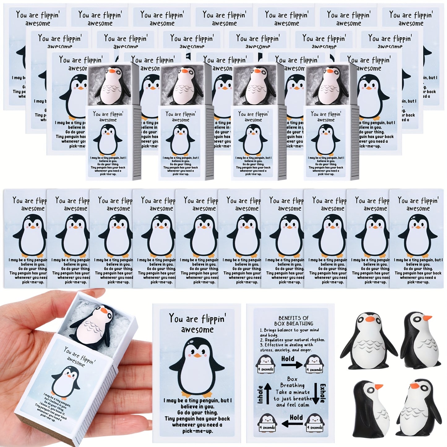 36 Sets Emotional Support Penguin Resin Cards - Positive Appreciation Gifts for Volunteers, Teachers, Employees, Coworkers - Mental Health Breathing Box with Uplifting Messages, Graduation & End of Year Desk Decor (No Batteries Needed), Penguin Gifts