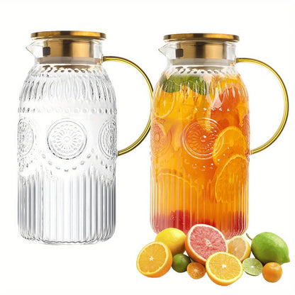 Amzcku 68oz/2 Liter Glass Pitcher with Lid - Vintage Water Jug, Heat-Resistant Glass Carafe Suitable for Cold Brew, Coffee, Lemonade, Iced Tea - Lid, Glass Jug for, Parties, Picnics, Camping, Office