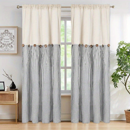 Semi Sheer Curtains Bohemian Linen Cotton Patchwork Grommet Top Window Drapes for Bedroom Living Room Kitchen Bathroom Cafe - Boho Country Cottage Style 4 Seasons 1 or 2 Panels