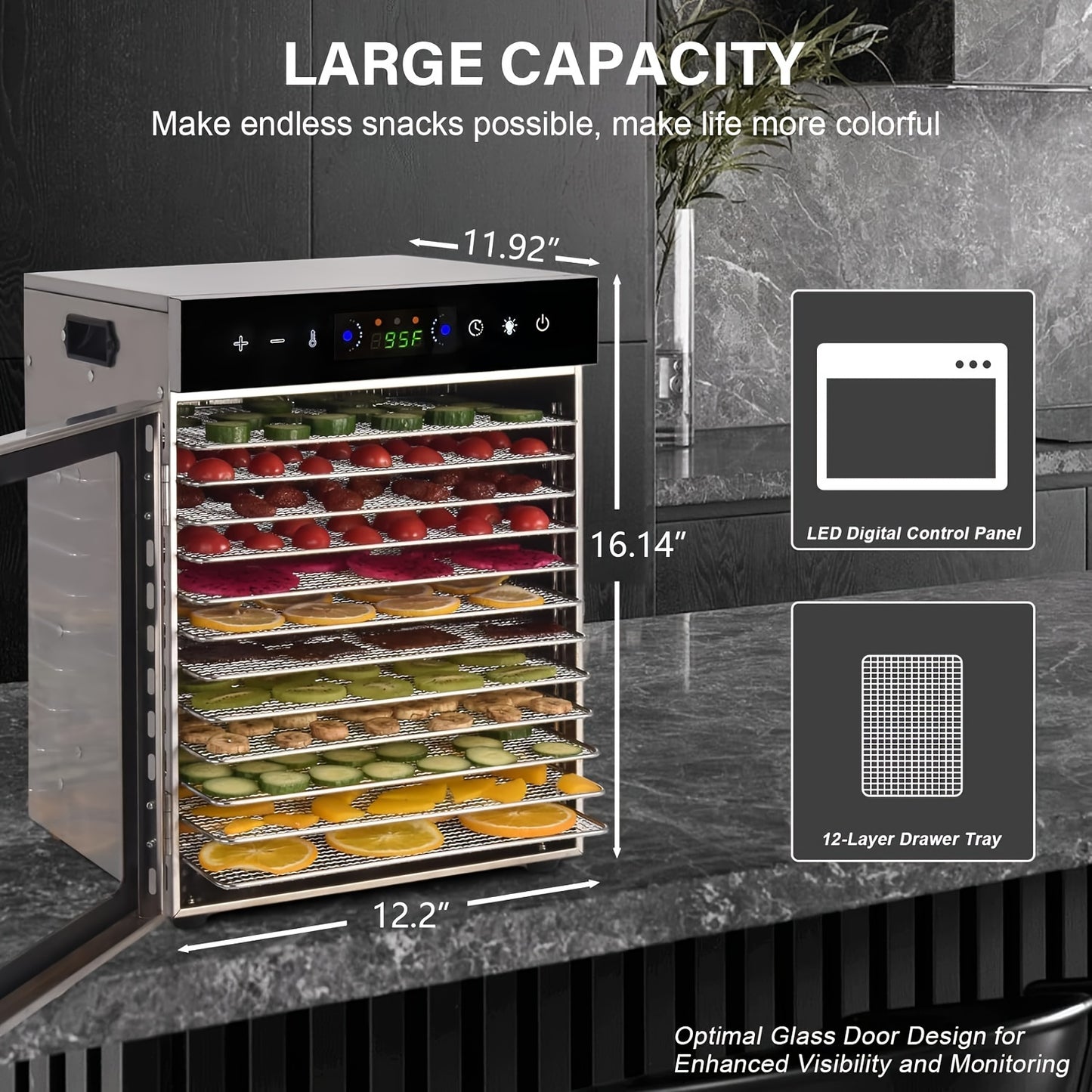 Food Dehydrator, 12 Stainless Steel Trays Dehydrators for Food And Jerky, Herbs, Fruit, Dehydrator Machine with Digital Timer And Temperature Control, Overheat Protection, Recipe Book Included