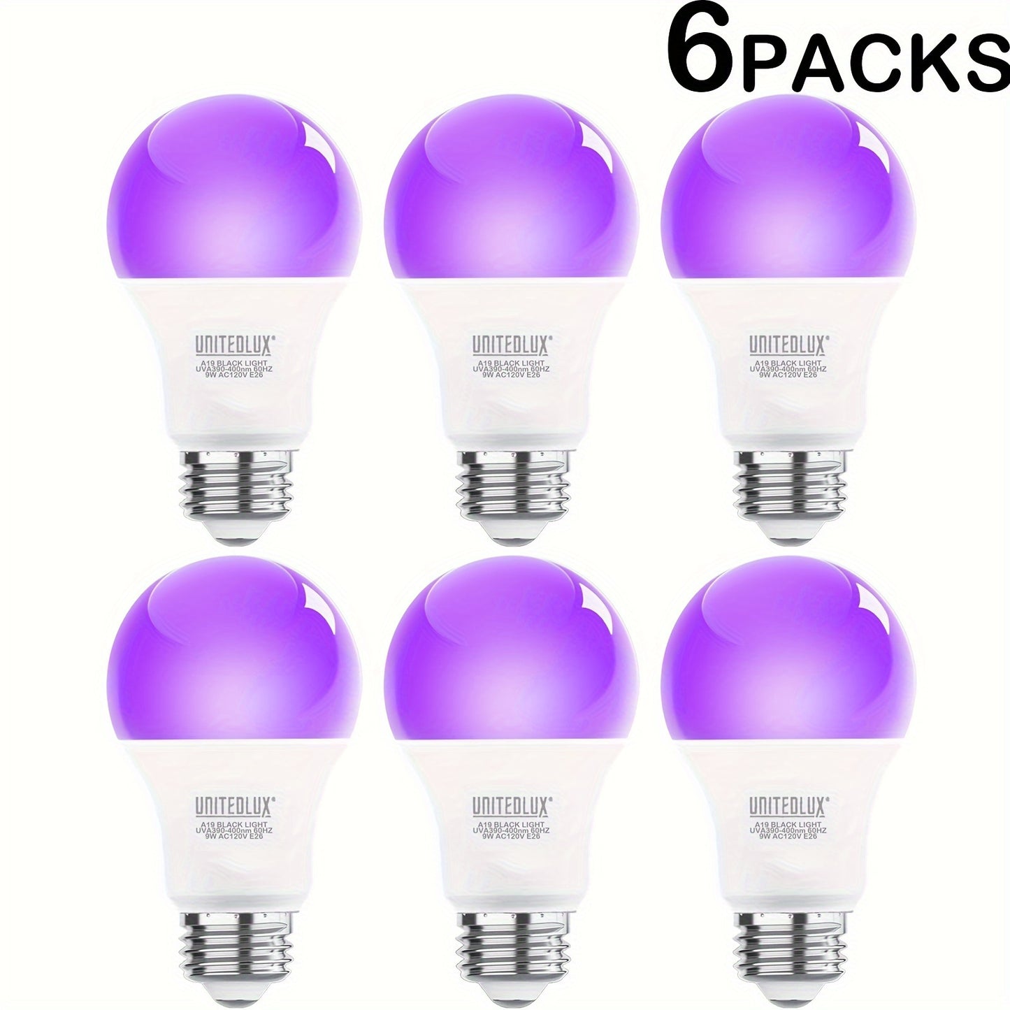 Black Light Bulbs 6 Pack A19 E26 LED UV Bulbs 9W 60W Equivalent 390-400nm UVA Glow in the Dark for Party Neon Poster Body Art Halloween Indoor Use 120V Shatterproof