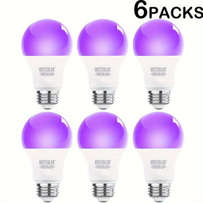 Black Light Bulbs 6 Pack A19 E26 LED UV Bulbs 9W 60W Equivalent 390-400nm UVA Glow in the Dark for Party Neon Poster Body Art Halloween Indoor Use 120V Shatterproof