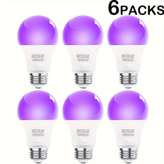 6 pcs UNITEDLUX A19 E26 LED Black Light Bulbs, 2pcs/6pcs 9W 60W Equivalent, UVA Grade 390-400nm Wavelength, Glow in the Dark for Body Art, Neon Posters, Neon Party Lights, Indoor Use, 120V Voltage, No Remote Control, Shatterproof home decor, Halloween