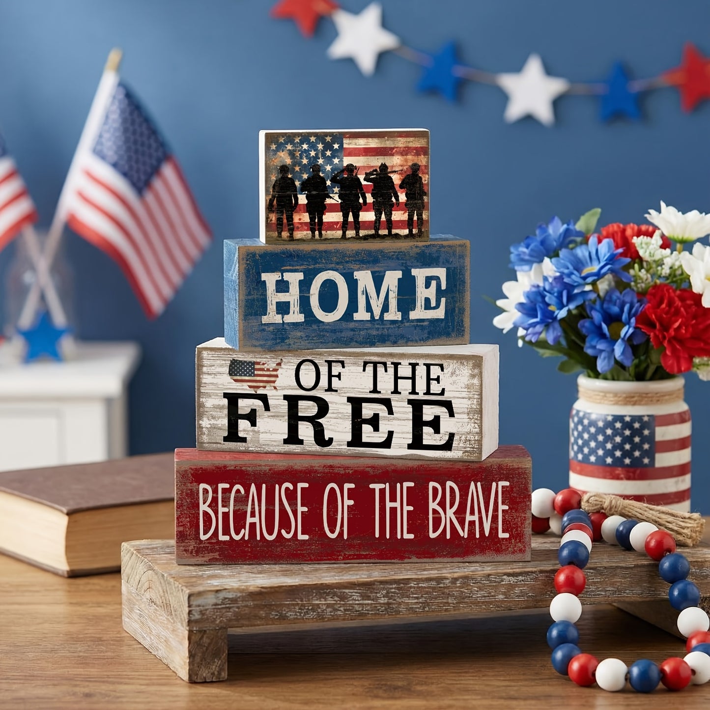4th of July Tiered Tray Decor – Patriotic Wooden Table Centerpiece with American Flag Signs for Independence Day, Memorial Day & Rustic Farmhouse Home Decor