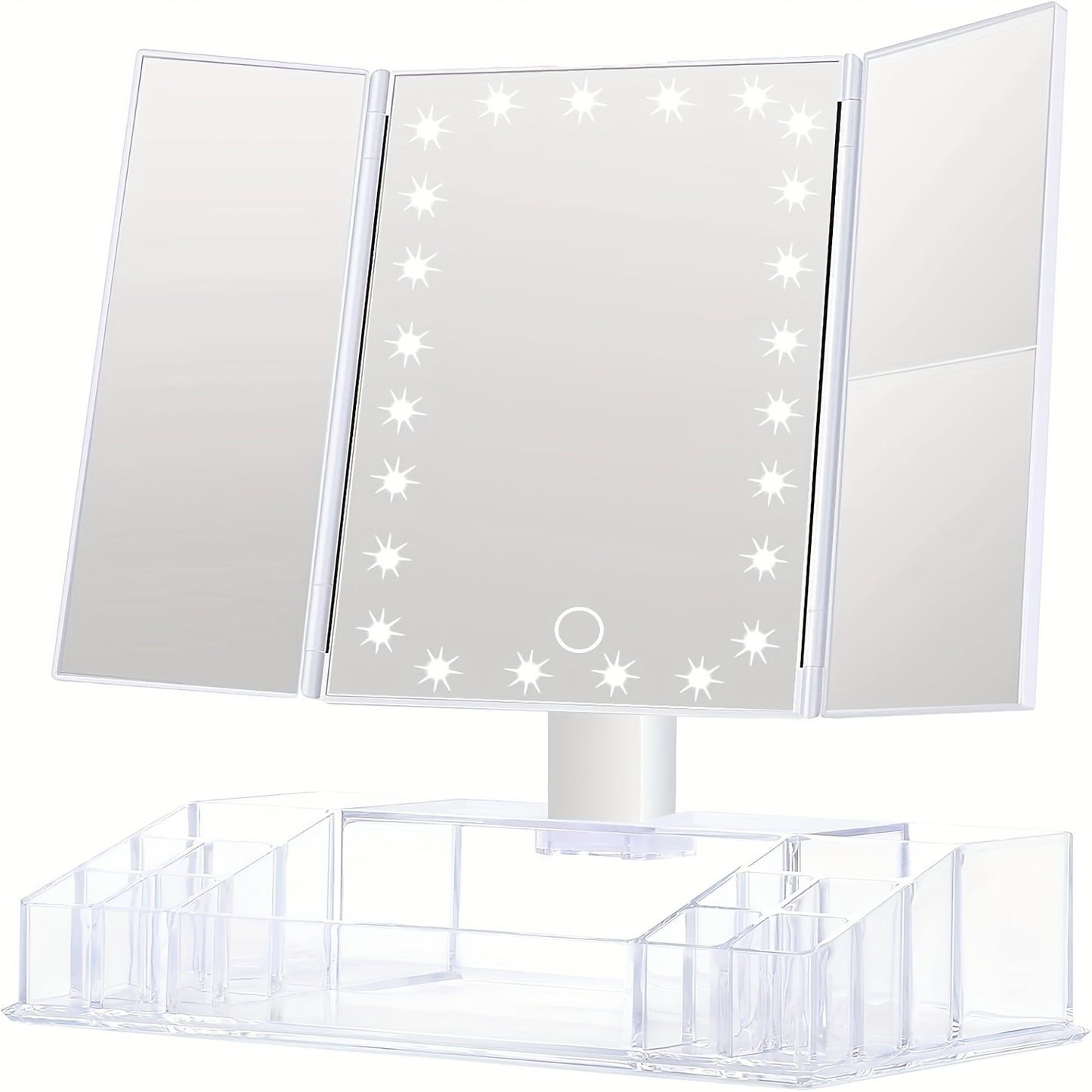 Makeup Mirror with Storage, Tri-Fold Lighted Adjustable Vanity Makeup Mirror with 24 LED Lights, Touch Screen And 3X/2X/1X Magnification, Two Power Supply Modes Make Up Mirror, 180° Rotation, Top Valentine's Day Gifts for Her(Rose Golden/WhIte)