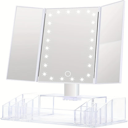 Makeup Mirror with Storage, Tri-Fold Lighted Adjustable Vanity Makeup Mirror with 24 LED Lights, Touch Screen And 3X/2X/1X Magnification, Two Power Supply Modes Make Up Mirror, 180° Rotation, Top Valentine's Day Gifts for Her(Rose Golden/WhIte)