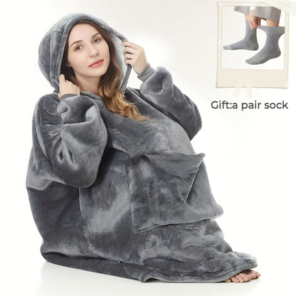 Plus-size Ultra-soft Reversible Wearable Hooded Blanket, Includes a Pair of Winter Socks, Comfortable Oversized Hooded Blanket with Kangaroo Pocket, Bedding, Winter Coat, Machine Washable, Christmas/Valentine's Day/New Year's Gift, Can Be Used as a