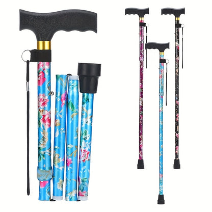 Foldable Printed Cane, Blue Red Black Printed Cane, 5-Level Height Adjustable Stick with Wrist Strap and T-Shaped Handle, Folding Cane with Strap, Portable Adjustable Lightweight Independent Stick with Packaging Box, Gift for Father and Mother