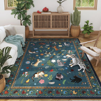 Boho Cat Floral Area Rug – Vintage Blue Animal Print Low Pile Carpet, Non-Slip Soft Rug for Living Room, Bedroom & Dining Room, Round & Runner Sizes, Easy Clean