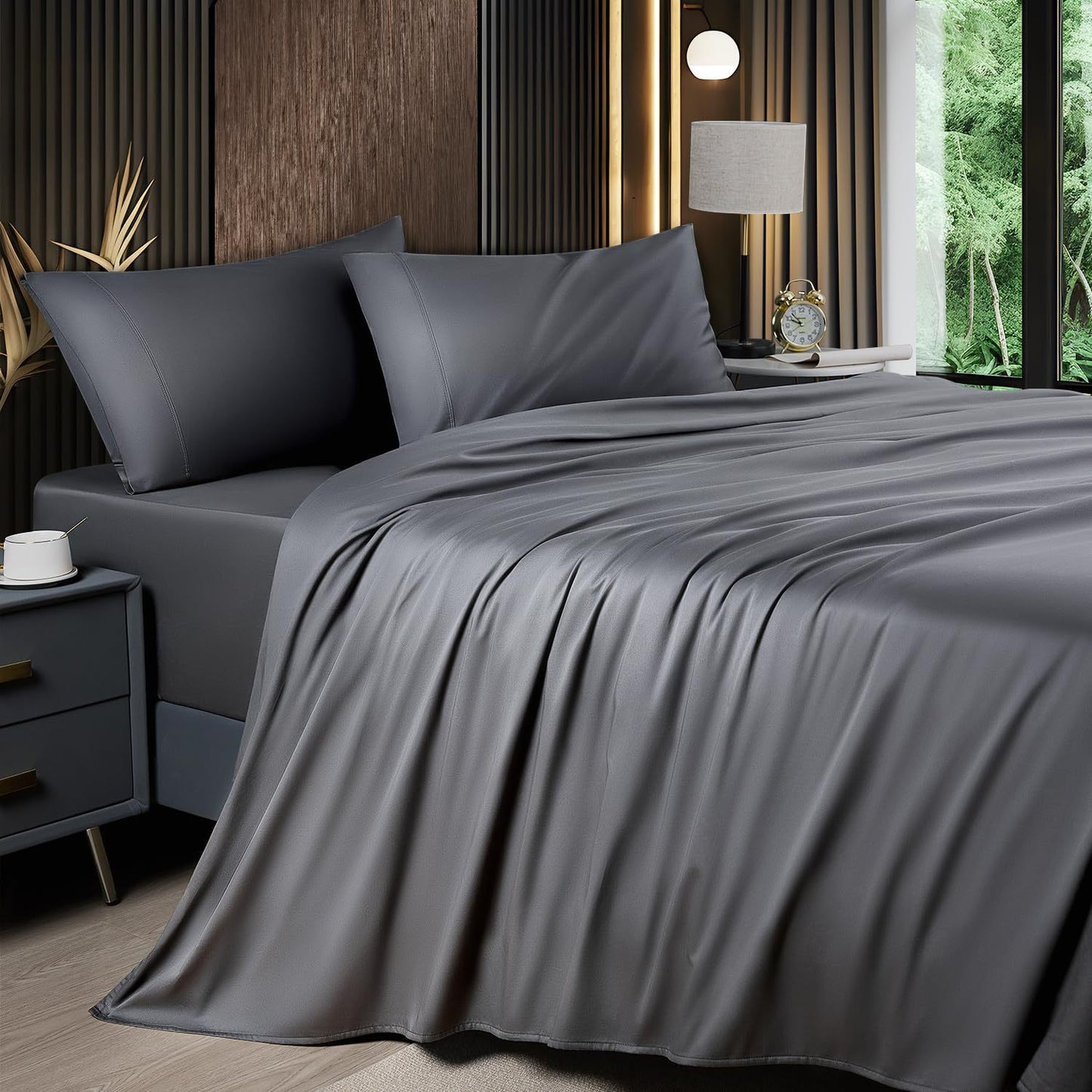 4pcs 2200TC Cooling Bamboo Bed Sheet Set Summer Chill Collection-16" Deep Pocket - Silky Soft Luxury Bedding W/ Flat Sheet, Fitted Sheet & Pillowcases (Beat The Hea Stay Cool All Night) Queen Size Sheet Set Breathable Sheets Sets Queen Size Gifts