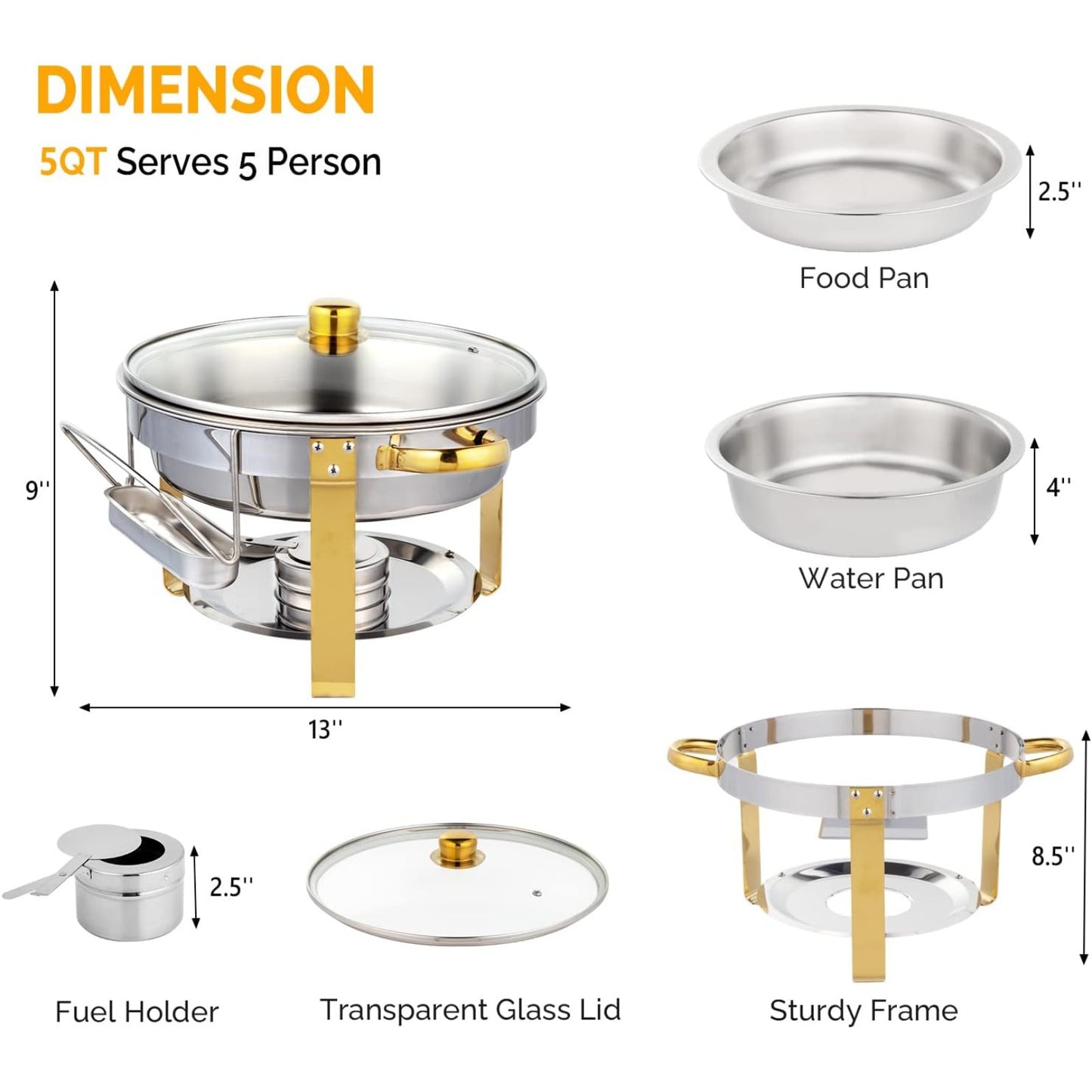 Stainless Steel Chafing Dish Set Buffet Warmer with Food Trays Water Trays Fuel Holders Mirror Finish Gold Handles Commercial Catering Buffet Server