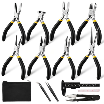 Jewelry Making Pliers Set 3/14pcs Tool Kit - Professional Round Nose, Flat Nose & Needle Nose Pliers, Wire Cutters, Tweezers, Scissors, Vernier Caliper, Storage Bag, for Beading, Wire Wrapping & DIY