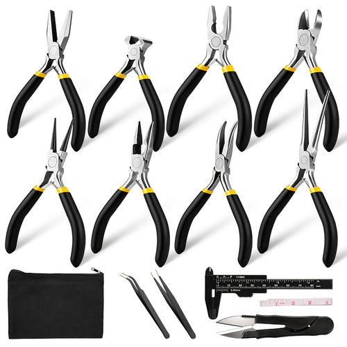 Jewelry Making Pliers Set 3/14pcs Tool Kit - Professional Round Nose, Flat Nose & Needle Nose Pliers, Wire Cutters, Tweezers, Scissors, Vernier Caliper, Storage Bag, for Beading, Wire Wrapping & DIY