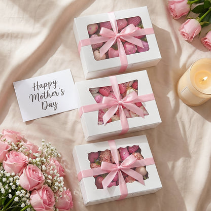 Cookie Boxes with Window 48pcs | 8x6x2.5 Inch Bakery Boxes 3 Styles | Clear Window Pastry Gift Boxes for Chocolate Covered Strawberries, Candy, Donuts, Cookies | Birthday Party, Wedding, Father's Day
