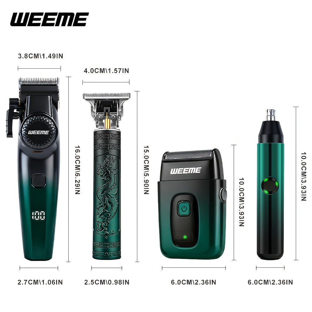 Hair Cutting Set 4pcs Professional - Electric Hair Clipper, Electric Shaver, T-Blade Trimmer & Nose Hair Trimmer, Gradient Green Gift Box, Precise Grooming Kit for Home Use & Gift
