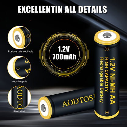 Rechargeable Batteries AA AAA with Charger 1.2V 700mAh Ni-MH Battery Pack No Memory Effect Up to 500 Cycles for Remote Control Flashlight Camping Light