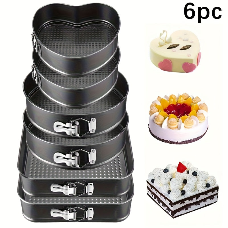 3/6pcs Non-Stick Durable Cake Baking Pan Set, with Removable Bottom Cake Molds, Carbon Steel Round and Heart-Shaped Baking Pans, Easy-Release Kitchen Springform Pan Set, Black