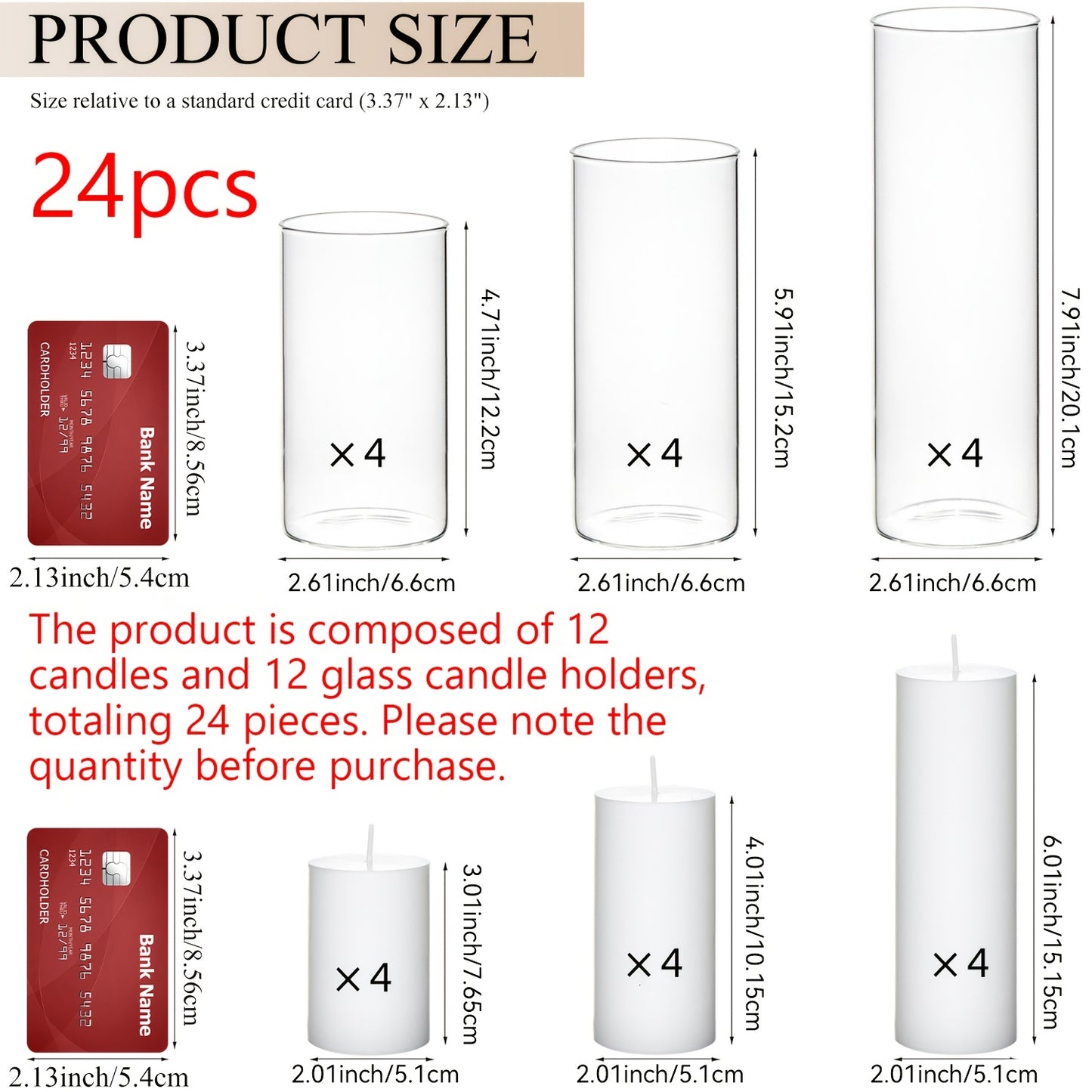 Pillar Candles with Clear Glass Hurricane Holders – Unscented White Cylinder Candles & Vases for Wedding Centerpieces, Party Tables, Home & Office Decor, Bulk Set 24 or 48 Pieces