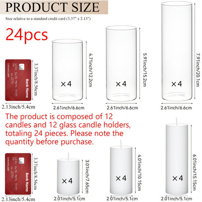 Pillar Candles with Clear Glass Hurricane Holders – Unscented White Cylinder Candles & Vases for Wedding Centerpieces, Party Tables, Home & Office Decor, Bulk Set 24 or 48 Pieces