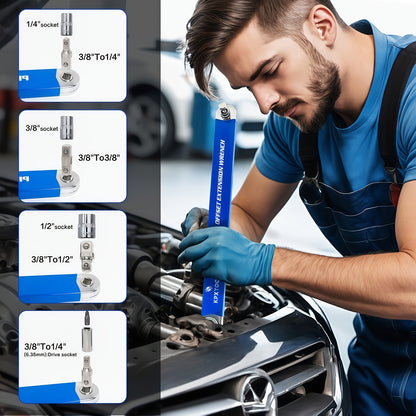 Ratchet Wrench Set 2-in-1 Multi-Function Offset Extension | 1/2" 1/4" 3/8" Square Head Adapters | 180° Swivel High Torque Non-Slip Handle | Durable Metal Automotive Repair Hand Tool