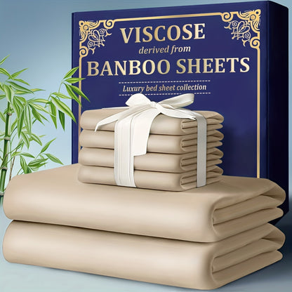 Bamboo Cooling Fitted Sheet Set 2300TC Deep Pocket All Season Bed Sheets | Ultra Soft Breathable Shrink-Resistant Flat Sheet Pillowcases Multiple Colors