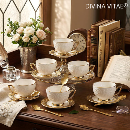 12pcs Espresso Cups Set with Trays and Spoons 7.44 Ounce Small Ceramic Cappuccino Cup Set 6 Cups 6 Trays 6 Spoons Elegant Tea Cups Coffee Cups and Beverage Cups with Handles