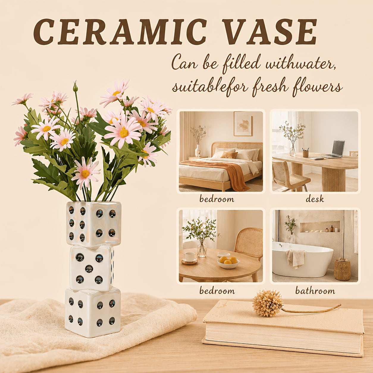 Handmade Ceramic Dice Vase - Unique Decor for Dried Flowers, Rose, Pampas Grass - Stunning Design for Any Modern Space - Perfect Gift for Inspiring Smiles