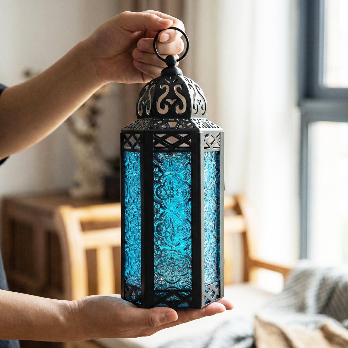 Moroccan Candle Lantern Holder - Decorative Metal & Glass Lantern with Embossed Floral Design for Indoor Home Decor, Garden, Patio, Weddings, Ramadan, Halloween & Holiday Celebrations - 10.5" Tall Medium Size
