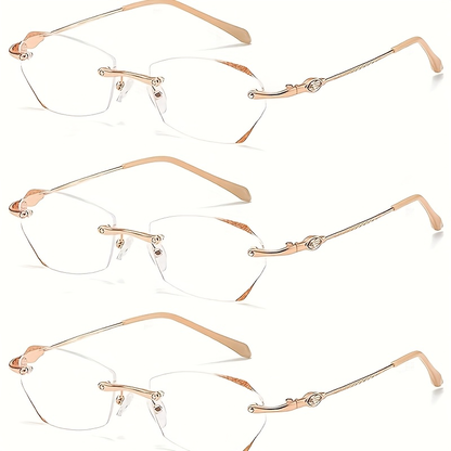 Rimless Reading Glasses for Women 3 Pack - Blue Light Blocking Lightweight Metal Frameless Readers with Anti Eyestrain Lenses, Multiple Colors and Magnifications 1.0X to 4.0X