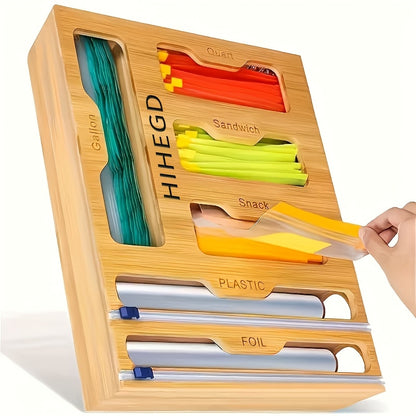 1pc Bamboo Sealer Bag Organizer Box - Fresh-Keeping, Space-Saving, Adjustable Storage For Kitchen Drawer - Compatible With Gallon, Quart, Sandwich, Snack Variety Size Bags, Easy To Clean, Durable, Kitchen Accessories