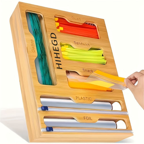 1pc Bamboo Sealer Bag Organizer Box - Fresh-Keeping, Space-Saving, Adjustable Storage For Kitchen Drawer - Compatible With Gallon, Quart, Sandwich, Snack Variety Size Bags, Easy To Clean, Durable, Kitchen Accessories