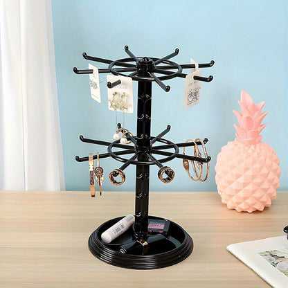 1pc Black 2-Tier Rotating Jewelry Stand, Plastic Necklace Bracelet Hanging Organizer, Multipurpose Earring Keychain Display Rack for Dressing Table and Counter Use, No Electricity Needed, Jewelry Towers