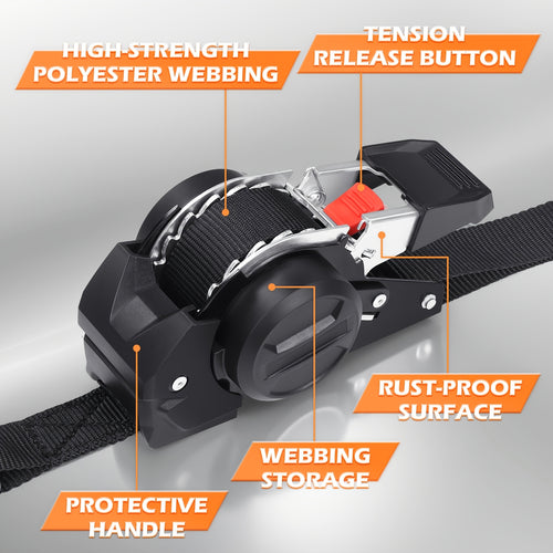 Retractable Ratchet Straps with Extension Strap – Heavy Duty Auto Self-Retracting Tie Down Cargo Straps for Truck Trailer Motorcycle Moving & Appliances
