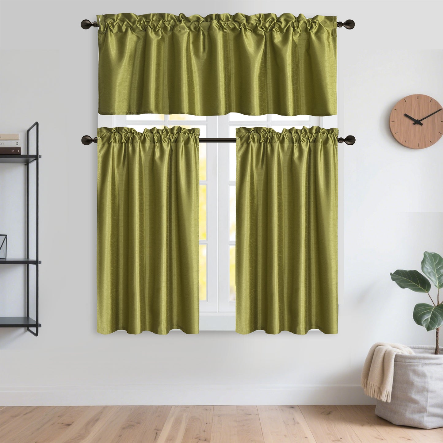 3 Panels Faux Silk Solid Color Sheer Kitchen Curtains Set Rod Pocket Design with 2 Tiers 26x36 inch Each and 1 Valance 52x14 inch for Kitchen Bathroom Privacy Drapes and curtains