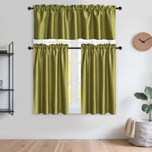 3 Panels Faux Silk Solid Color Sheer Kitchen Curtains Set Rod Pocket Design with 2 Tiers 26x36 inch Each and 1 Valance 52x14 inch for Kitchen Bathroom Privacy Drapes and curtains