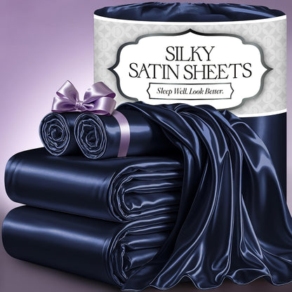 4pcs Satin Cooling Sheet Set - Cooling, Silky, Lightweight & Breathable Microfiber - Deep Pocket Fitted Sheet + Flat Sheet & 2 Pillowcases - Summer Satin Bed Sheets