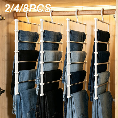2/4/8pcs Foldable Multi-Layer Pants Hanger - Stainless Steel Non-Slip Closet Organizer For Jeans, Leggings & Scarves - Space-Saving Clothes Rack