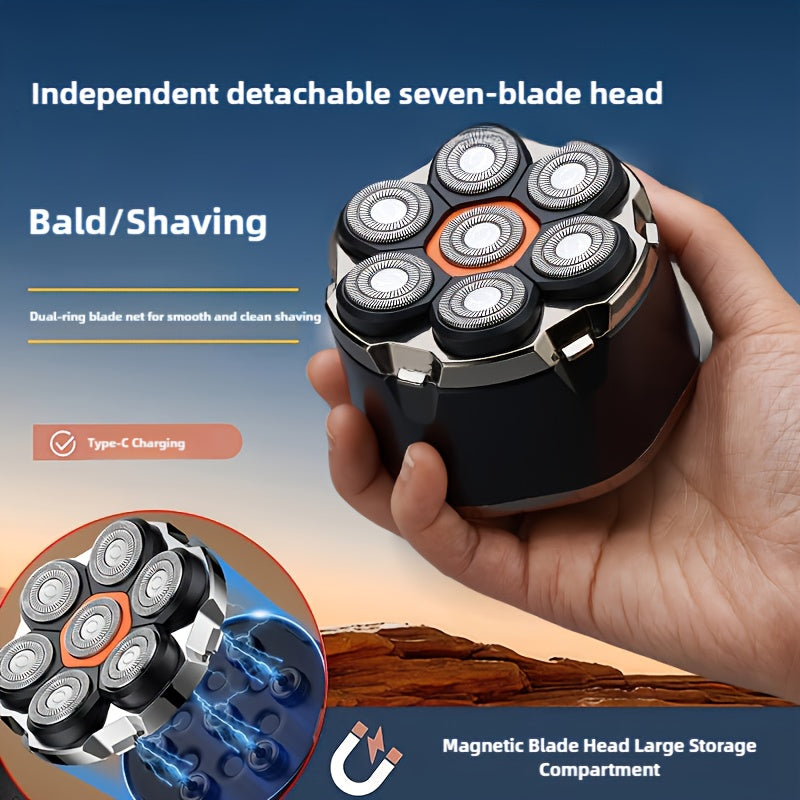 Electric Shaver for Bald Head | Rechargeable Multifunctional Grooming Kit with Type-C Fast Charging, Includes 5-in-1 Grooming Attachments and Standalone Multi-Head Bald Shaver, Suitable for Bald Shaving, Beard Trimming, Nose Hair Trimming