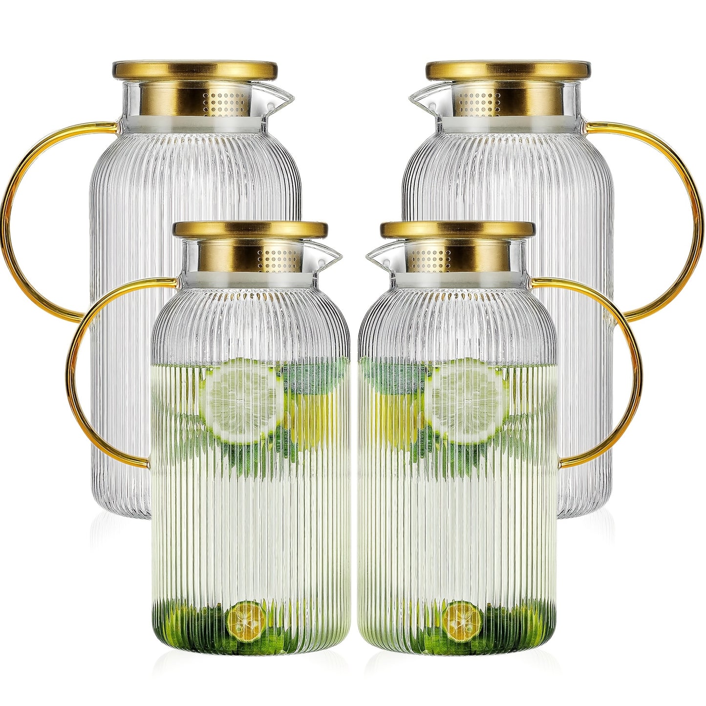 FBL&HM 2/4 PACK Glass Pitcher With 304 Stainless Steel Lid, 68 Oz/ 2 Liter Classic Vertical Stripes Water Pitcher, Glass Water Carafe For Cold Brew, Coffee, Lemonade, Iced Sun Tea, Beverage, Milk, Heat Resistant