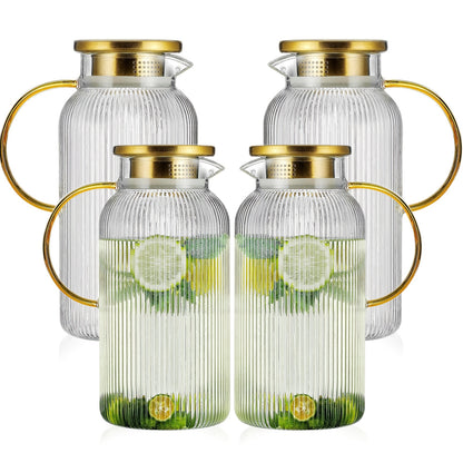 FBL&HM 2/4 PACK Glass Pitcher With 304 Stainless Steel Lid, 68 Oz/ 2 Liter Classic Vertical Stripes Water Pitcher, Glass Water Carafe For Cold Brew, Coffee, Lemonade, Iced Sun Tea, Beverage, Milk, Heat Resistant