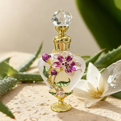 Refillable Perfume Bottle 10ml Vintage Glass Travel Atomizer Essential Oil Dispenser Portable Mini Spray Bottle Enamel Peach Heart Design Gift for Women